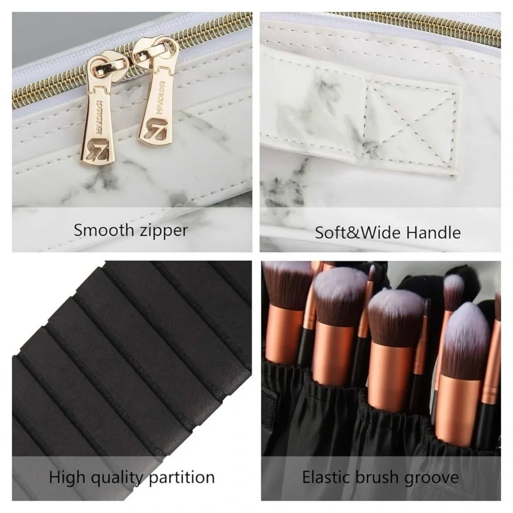 Relavel Marble Makeup Bag White Gray Zipper Handle Adjustable Compartment